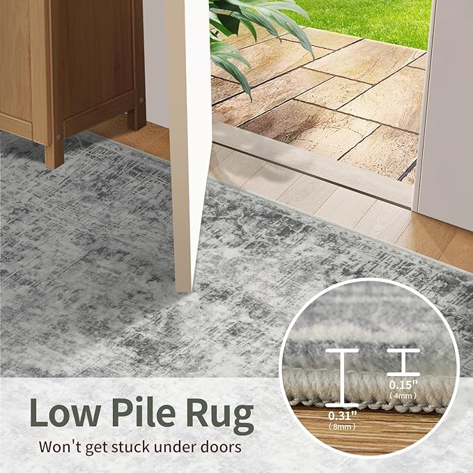 Rugxara 4x6 Area Rugs for Living Room Bedroom, Large Washable Rug, Grey Vintage Abstract Boho Rug, Non Slip & Low Pile Wool Carpet for Indoor Dining Room, Farmhouse, Kids Room and Office(Grey 4x6ft)