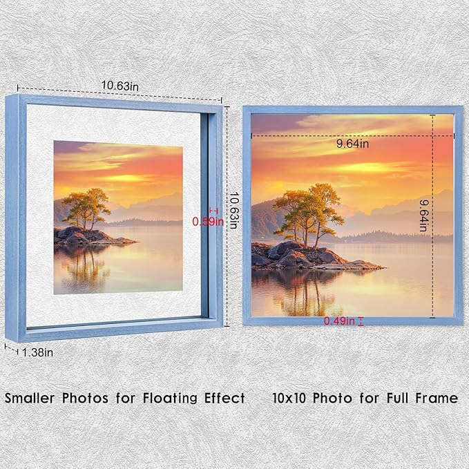 MUYE 10x10 Floating Frame Set of 2,Double Real Glass Square Photo Frame,Display Any Size Photo up to 10x10,Wall Mount or Tabletop Standing,Blue