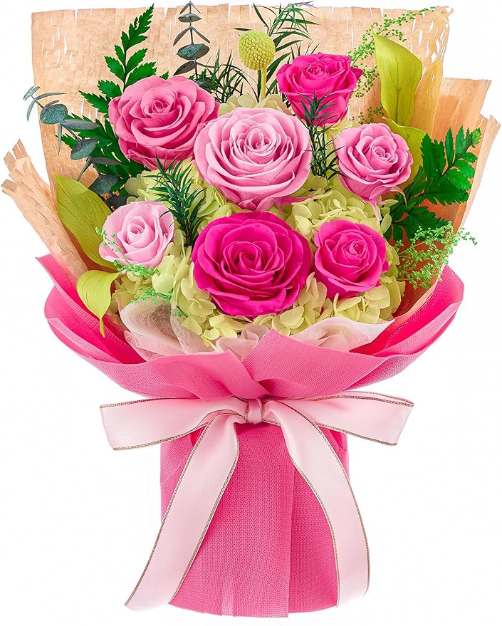 Flomoon Forever Flowers Gifts for Mom, Mothers Day Preserved Flowers Bouquet Birthday Gifts for Her, Preserved Roses for Grandma Wife Anniversary Valentines Day Christmas (7Roses, Hot Pink)