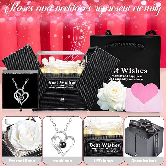 Pasuvsigt Mothers Day Mom Birthday Gifts for Women, Preserved Real Rose with I Love You Heart 100-Language Necklace, LED Lights & Music Box, Anniversary for Women Girlfriend Mom