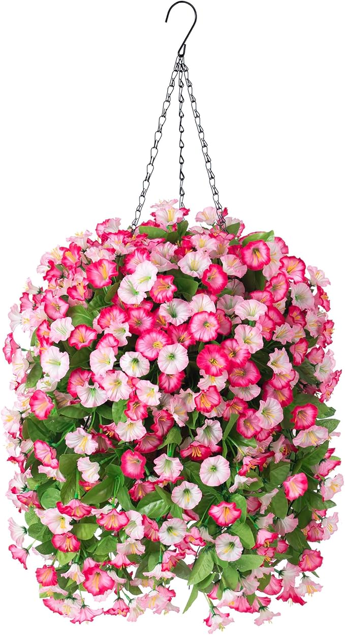 INXUGAO Artificial Flowers with Hanging Basket, Outdoor Faux Plants Silk Morning Glory Vines, Fake Green Arrangement for Garden Patio Spring Summer Decor (4pcs, Pink)