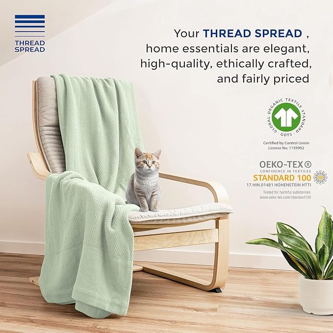THREAD SPREAD Knitted Geometric Herringbone Pattern Handwoven Blanket 100% Extra Long Staple Cotton - Soft & Cozy Thermal All Season Throw for Bed Couch Chair Outdoors (Twin/Twin XL, Sage)