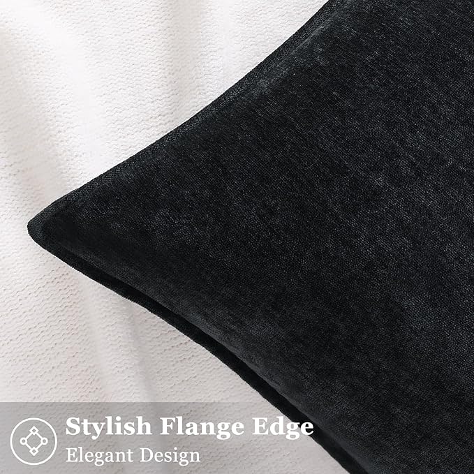 decorUhome Summer Couch Euro Sham Throw Pillow Covers 26x26 Set of 2, Decorative Soft Velvet Modern Cozy Chenille Pillow Cases with Elegant Design for Sofa Bed Living Room Home Decor, Black