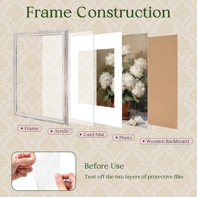 TWING 11x14 Picture Frame,Display 8x10 Photo with Mat or 11x14 without Mat,Ornate Vintage 11 x 14 Photo Frames for Wall Mounting,Vintage White,1 Pack