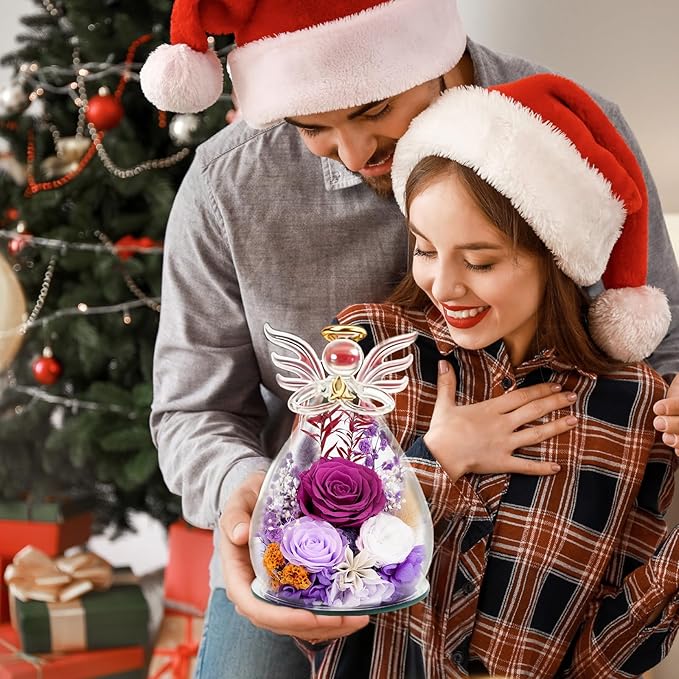 Purple Preserved Rose Glass Angel Gifts for Grandma Nana Mother in Law, Real Flower Birthday Retirement Presents for Older Women Aunt