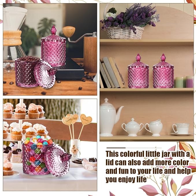 Aoriher 4 Pcs Crystal Glass Candy Jar Set with Lids Home Decorative Storage Jars for Apothecary, Bathroom, Kitchen, and Pantry, Ideal for Cotton Swabs and Jewelry(Medium,Purple)