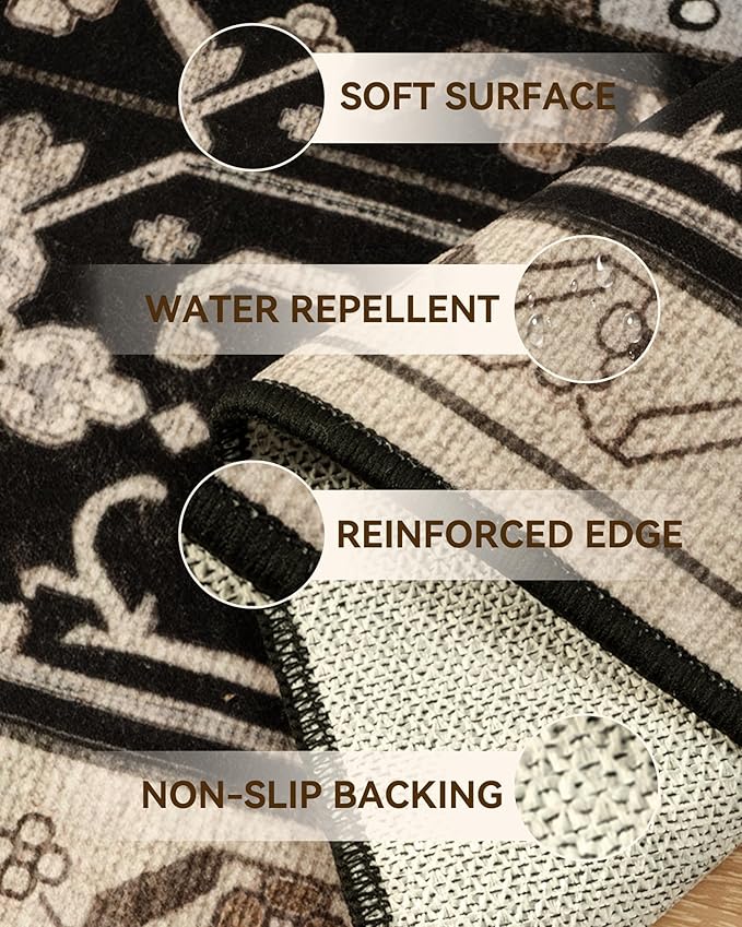 RELEANY Area Rugs 2'x8' Runner Rug Non Slip Washable for Kitchen Hallway Bedroom Beside Laundry Room Bathroom Rug, Floor Carpet, Black Brown Neutral Dark Tan