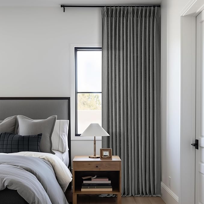 TWODRAPES Dark Grey 80 Inch Pinch Pleated Linen Curtains 2 Panel Set for Living Room Thick Linen Drapes 80 Inches Long Pinch Pleat Drapes Semi Sheer Curtain for Dining Bedroom Office Charcoal Gray