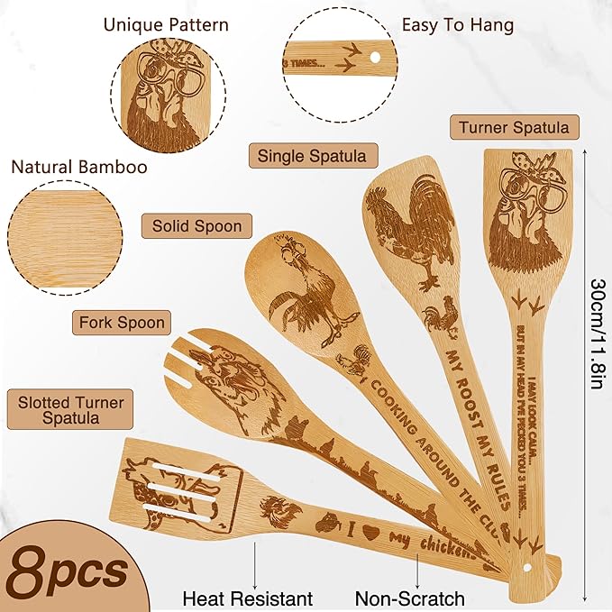 8 PCS Chicken Bamboo Cooking Spoon with Apron and Oven Mitts,Rooster Kitchen Utensil Decor Gifts for Women Chicken Lovers,Roosters Themed Decorations for Home,Housewarming,Birthday,Mother's Day,Easter