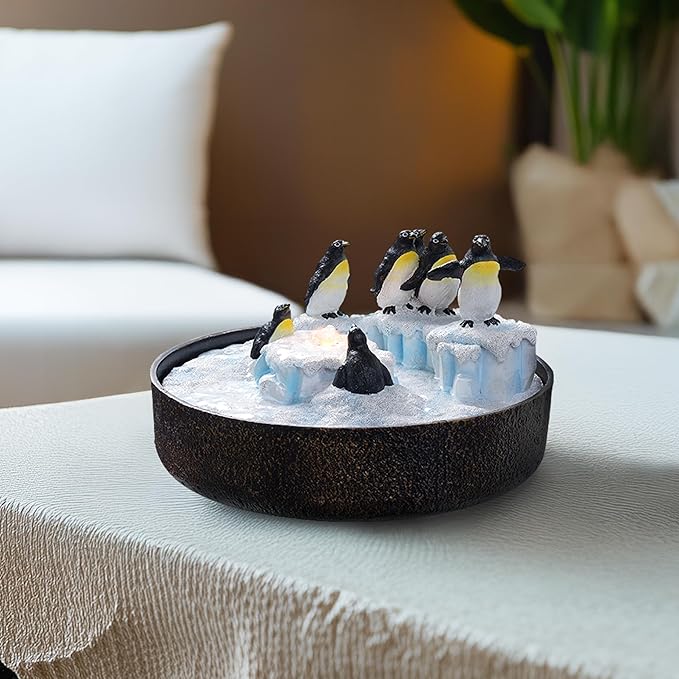 Tolevoit Tabletop Water Fountain Penguins Resin Statue, Vivacious Style Feature Decoration Indoor Waterfall Fountains with LED Lights Fit Office, Night-Table Home Decor
