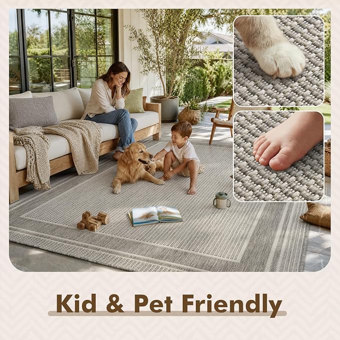 MontVoo-Outdoor Rug-Patio Rug 4x6 ft Polypropylene Indoor Outdoor Rugs Outdoor Carpet for Patio Deck Balcony Porch, Textured Weave, Durable for High Traffic, Fade-Resistant, Modern Silver Grey