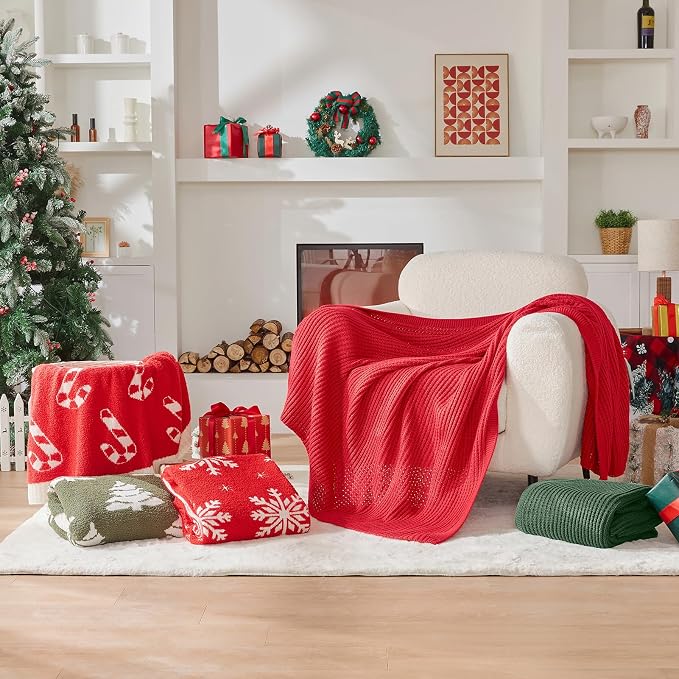 Douceur Christmas Green Throw Blanket for Bed, Soft Chunky Cable Knit Throw Blanket, Classic Fisherman's Rib Stitch Pattern Throw for Living Room,50"X60"