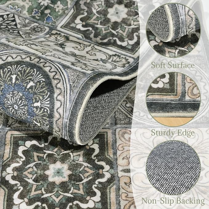 Washable Entryway Rug 3'x5 Non-Slip Backing Vintage Indoor Rug Low Pile Lighrweight Carpet for High-Traffic Indoor Entrance & Kitchen Farmhouse Decor