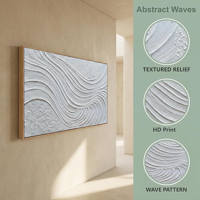 The Mode Art Abstract 3D Textured Wall Art White Waves Canvas Print Modern Minimalist Framed Wall Decor for Living Room Bedroom Office 20x40inch