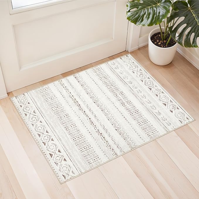 cotiled Washable 2x3 Entryway Rug: Washable Boho Rugs with Non Slip Backing Small Soft Indoor Stain Resistant Carpet for Kitchen Front Lightweight Home Decor L Brown/Cream