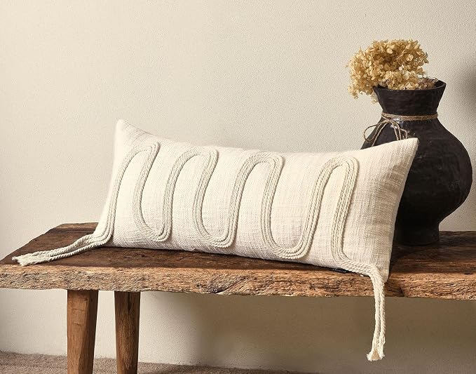 Beige Decorative Lumbar Pillow Cover 12x28, Handwoven Boho Long Body Pillowcase, Farmhouse Linen Cotton Pillow Cushion Case for Sofa, Bed, Living Room, Bedroom
