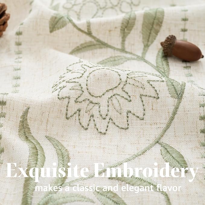 jinchan Winslow Linen Kitchen Curtains 36 Inch Length Small Window Curtains Embroidered Bordered Floral Drapes Light Filtering for Bathroom Laundry Room Farmhouse Decor Green on Beige 2 Panels