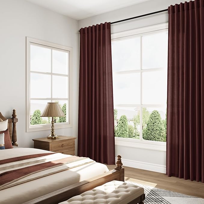 Reddish Brown Linen Curtains 90 Inch Long 2 Panels Set for Bedroom Living Room, Soft Linen Textured Window Drapes Semi Sheer Light Filtering Rod Pocket Back Tab Morden Style 52x90