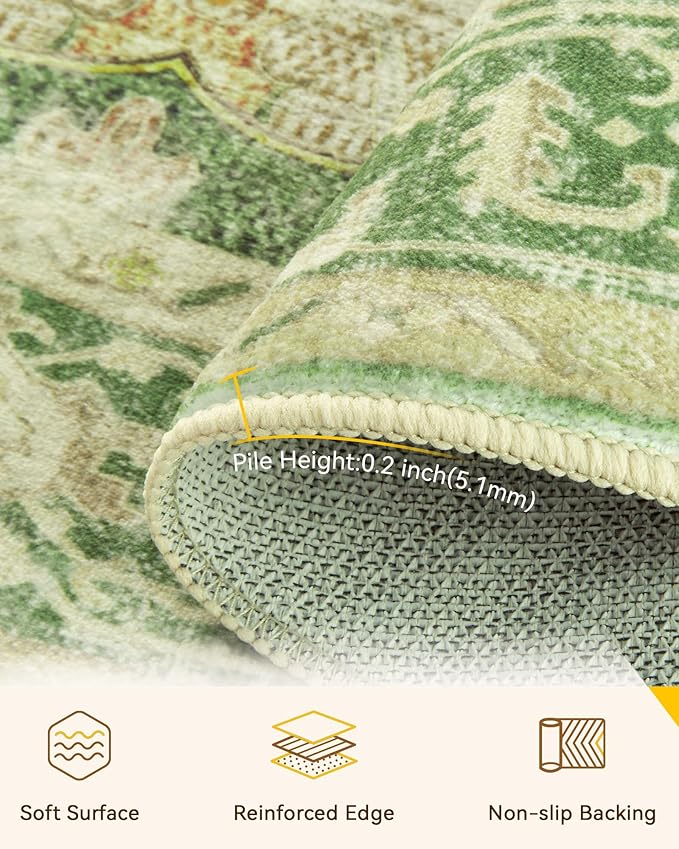 RELEANY Area Rugs 7ft Washable Non-Slip, Floral Vintage Distress Print Pattern Medallion Carpet for Living Room Bedroom Dining Room, Sage Green Yellow