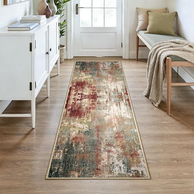 RELEANY Washable Area Rugs 3x7 Non-Slip Modern Abstract Soft for Living Room Entryway Bedroom Nursery, Print Pattern, Brown Rust Red Green Blue Multi