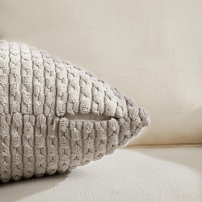 Fancy Homi Set of 2 Neutral Taupe Decorative Throw Pillow Covers 20x20 Inch for Couch Bed Sofa Bedroom, Modern Farmhouse Boho Home Decor, Soft Fluffy Textured Corduroy Cute Cushion Case 50x50 cm