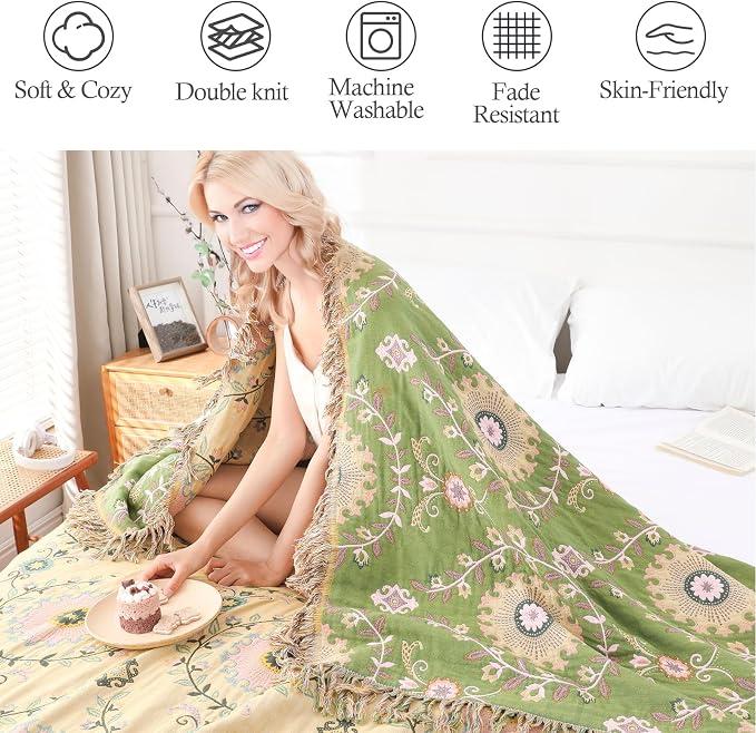 Snycler Boho Throw Blanket 91"x98" - 100% Cotton Ultra Soft Rustic Quilt, Green Floral Printed Farmhouse Decor for Bed, Sofa, Couch, Chair - All Season Cozy Blanket