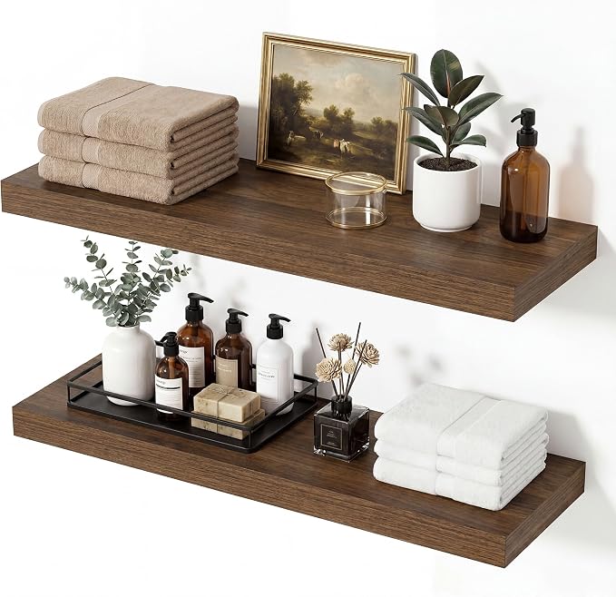 Vivelove Wall Floating Shelves for Display with Invisible Brackets, 24 Inch Floating Shelves for Bedroom Bathroom Living Room Kitchen Office, 24”X 8" X 1.4", Set of 2 - Walnut
