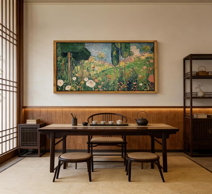 Large Wood Framed Horizontal Botanical Wall Art,Green Spring Garden Canvas Print,Vintage plant Floral Landscape Picture Poster,Natural scenery Painting Artwork for Bedroom Living Room Office