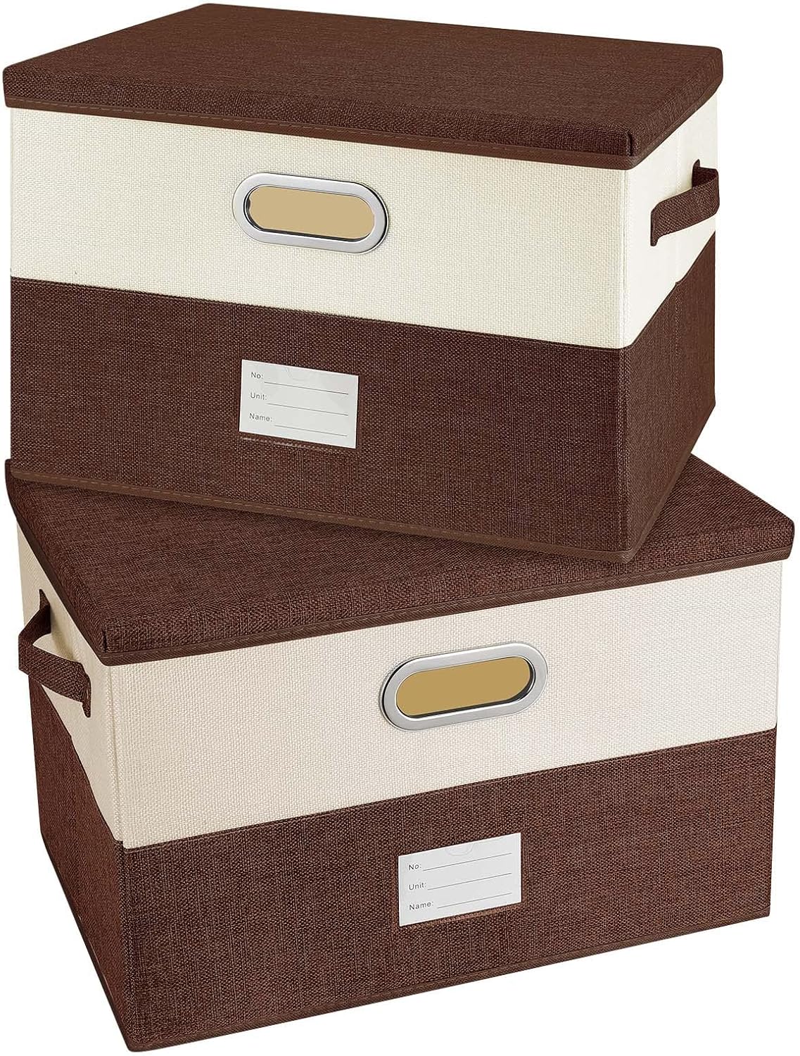 Large Linen Fabric Foldable Storage Bins with Removable Lid and Handles, Washable Storage Box Organizer Containers Baskets Cube with Cover for Bedroom,Office (Coffee&Cream, Medium(2-Pack))