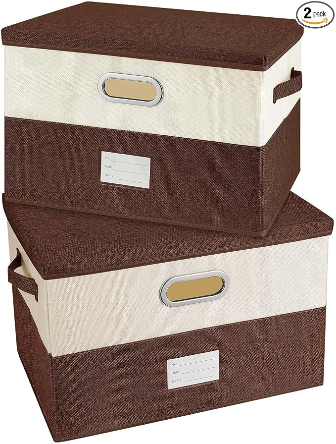 Large Linen Fabric Foldable Storage Bins with Removable Lid and Handles, Washable Storage Box Organizer Containers Baskets Cube with Cover for Bedroom,Office (Coffee&Cream, Medium(2-Pack))
