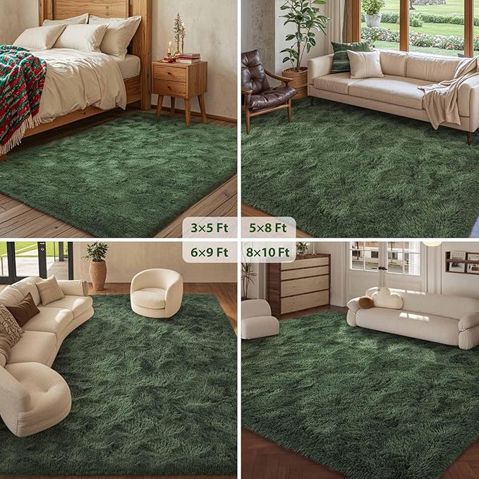 FinRèc Green Rugs for Living Room Bedroom, 4x6 Feet Fluffy Fuzzy Shag Rug, Non-Slip Furry Shaggy Area Rug for Nursery Kids Room Dorm Room Home Decor, Indoor Floor Carpet