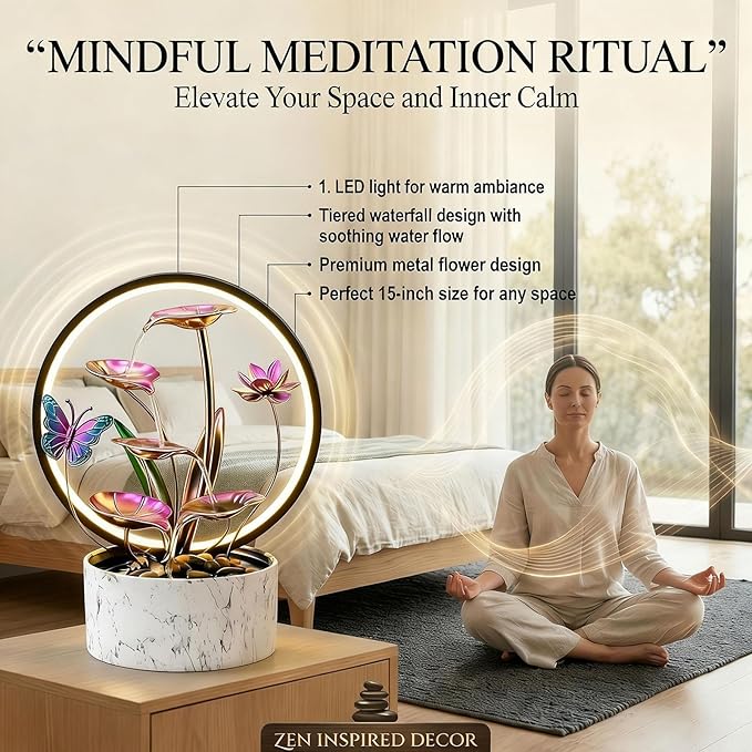 15‘’ H Small Tabletop Water Zen Fountain with Led Light for Indoor Meditation Yoga Spa Room Decor.