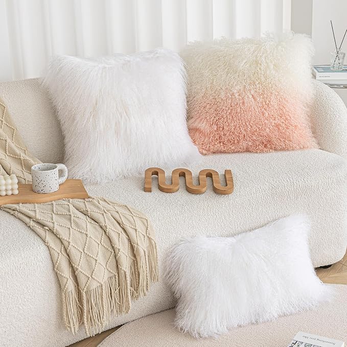 Real 100% Tibetan Mongolian Lamb Sheepskin Wool Fur Throw Pillow Covers White 24x24 Inch, Super Soft Plush Leather Accent Pillowcase Decorative Cushion Cover for Living Room Bedroom