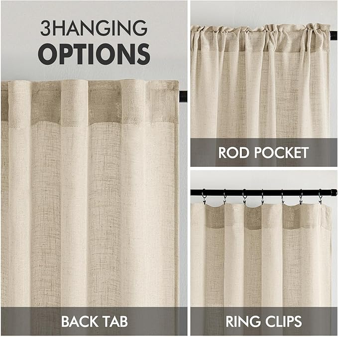 MIULEE Short Linen Curtains 45 Inch Length 2 Panels for Kitchen Bedroom Bathroom, Soft Thick Linen Textured Back Tab Window Drapes Semi Sheer Light Filtering Rod Pocket Modern Farmhouse Decor