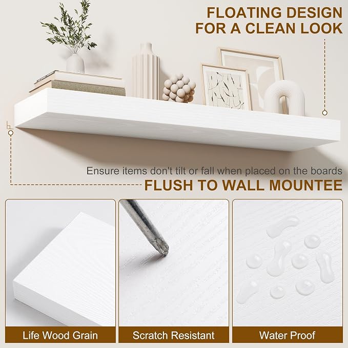 Fun Memories Floating Shelves for Wall, 40Inch Floating Shelves Set of 2, Hanging Shelf with Invisible Brackets, Wood Shelves for Living Room, Bedroom, Kitchen, White