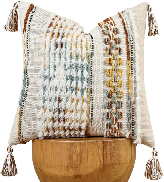 AmHoo Chenille Striped Tufted Textured Boho Throw Pillow Covers Aesthetic with Tassels Woven Decorative Pillow Case for Couch Bed Sofa Bedroom Modern Funky 18 x 18-Inch Brown White