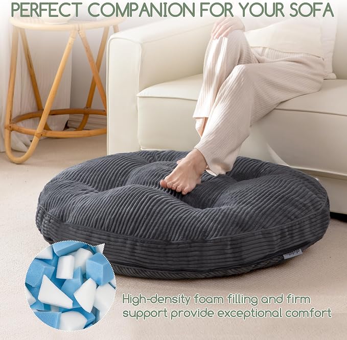HIGOGOGO 35" Floor Pillow Cushion for Adults, Meditation Cushion Pillow, Extra Large Square Floor Sitting, Tufted Corduroy Cover for Tatami Living Room or Yoga, Dark Grey