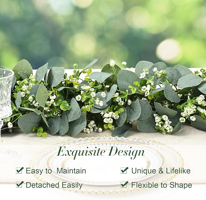 Waipfaru 2Pcs Eucalyptus Garland, 5.9FT Greenery Garland, Green Garland with Flowers, Artificial Faux Silver Dollar Eucalyptus Leaves Vines for Table Home Wedding Mantle Party Indoor Outdoor Decor