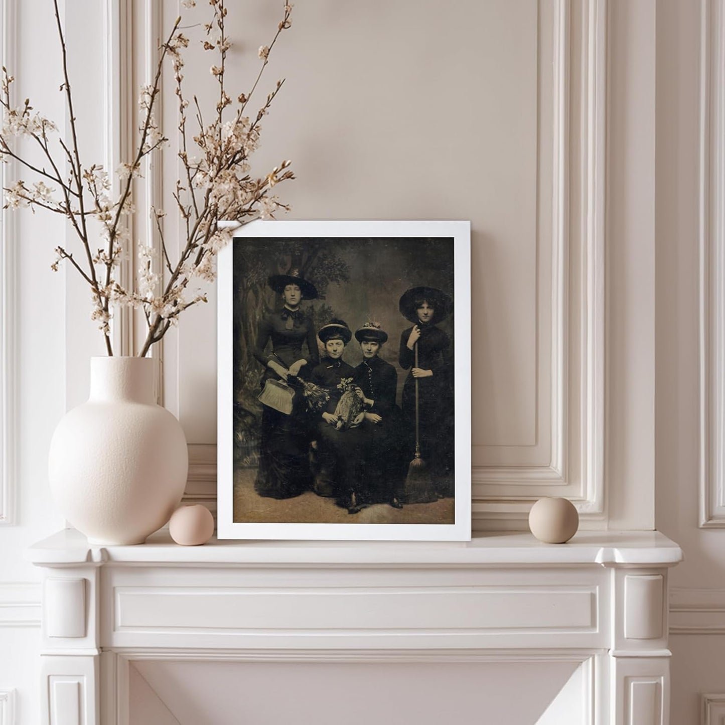 Poster Master Vintage Photograph Poster - Retro Halloween Print - Gift for Artist, Friend - Four Witches Wearing Robes, Sabbath, Coven, Sorcery - Wall Decor for Home, Office, 11x14 White Framed