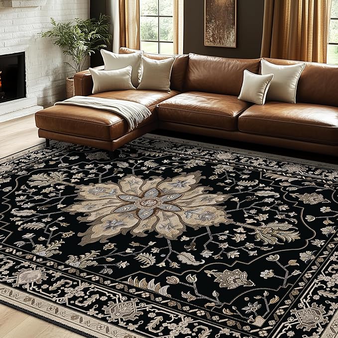 RELEANY Area Rugs 7'x9' Washable Non-Slip, Floral Vintage Distress Print Pattern Medallion Carpet for Living Room Bedroom Dining Room, Black Brown Neutral Dark Tan
