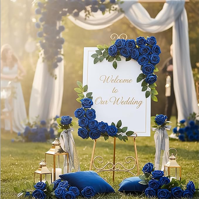 Auihiay 104PCS Blue Roses, Realistic Silk Velvet Blue Artificial Flowers, Lifelike Faux Roses for Bridal Bouquet, Home Decor, Valentine's Day, Wedding Centerpieces, Nautical Party