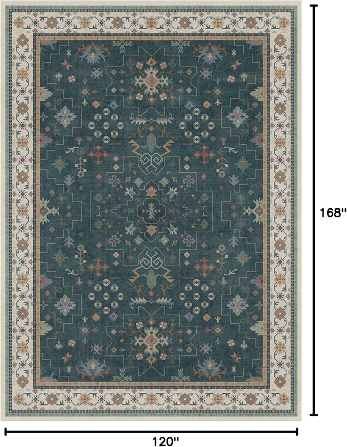 Hazo Haus Dark Green Oushak Living Room Rug 10x14 - Modern Vintage Boho Eclectic Floral Pastel, Washable Low Pile Non-Slip Extra Large Area Rugs for Dining Under Table Bedroom Lounge