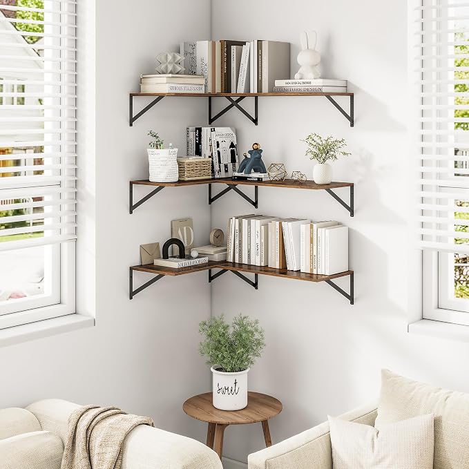 24"W x 12"D Wall Shelves for Books, 12 Inch Deep Floating Shelves Set of 3, Wide Floating Bookshelf with Metal Bracket for Living Room, Kitchen, Office, Bedroom and Decor Storage - Rustic Brown