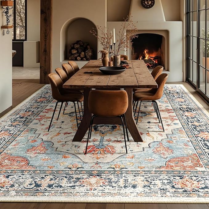 RELEANY Area Rugs 10'x12' Washable Non-Slip, Floral Vintage Distress Print Pattern Medallion Carpet for Living Room Bedroom Dining Room, Beige Navy Blue Orange Colorful