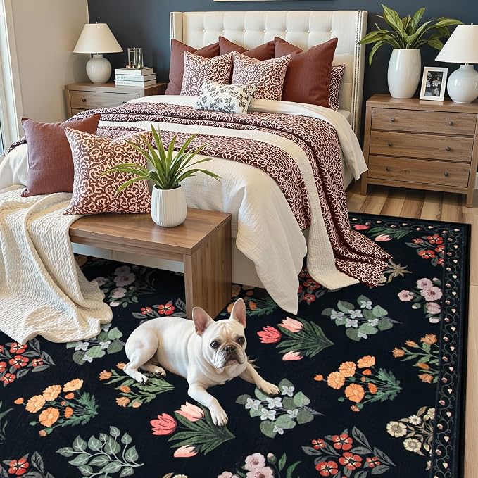 Wonnitar Floral Print Rug for Living Room, Black Washable 5x7 Area Rugs, Ultra-Thin Non Slip Stain Resistant Bedroom Carpet for Dining Room Playroom Office Dorm, Black/Multi