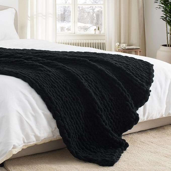 Chunky Knit Throw Blanket 50x60, 100% Handmade Chenille Yarn | 4.4lbs Soft Thick Cable Knitted Blankets, Large Rope Knot Crochet Throws for Couch Sofa Bed Machine Washable, Black