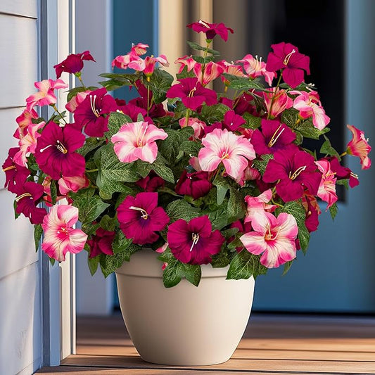 19 Inch Artificial Fake Flowers for Outdoor,4 Pcs Rose red Pink Faux Silk Petunias Spring Flowers for Outside for Indoor Porch Planter Front Door Garden Patio Window Box Home Decor