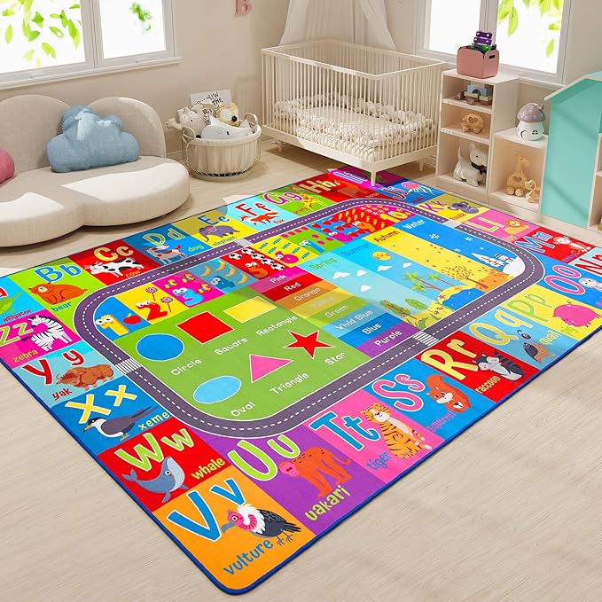 HOMORE Kids Rug, 9x12 Large Educational Rugs for Classroom Kids Collection ABC Rug for Learning Alphabet, Numbers, Colors, Season and Animal Words, Play Rugs for Playroom
