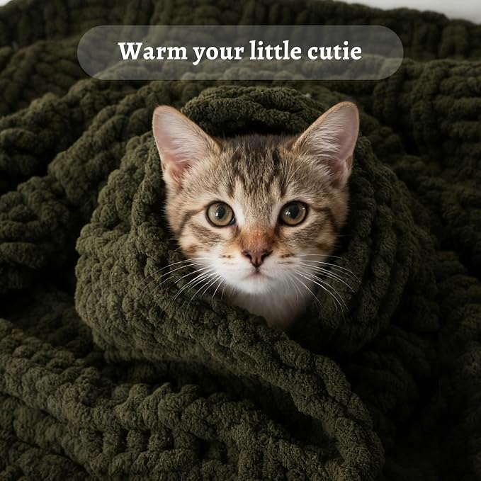 Battilo Chunky Knit Throw Blanket for Couch, 50"x60", Olive Green | Hand Knit, Gift Blanket, Cozy Warm Thick Soft Chenille Throw Blanket for Bed, Sofa, Living Room