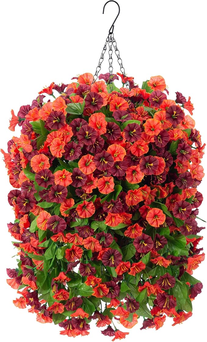INXUGAO Artificial Flowers with Hanging Basket, Outdoor Faux Plants Silk Morning Glory Vines, Fake Green Arrangement for Garden Patio Spring Summer Decor(4pcs,Orange Brown)